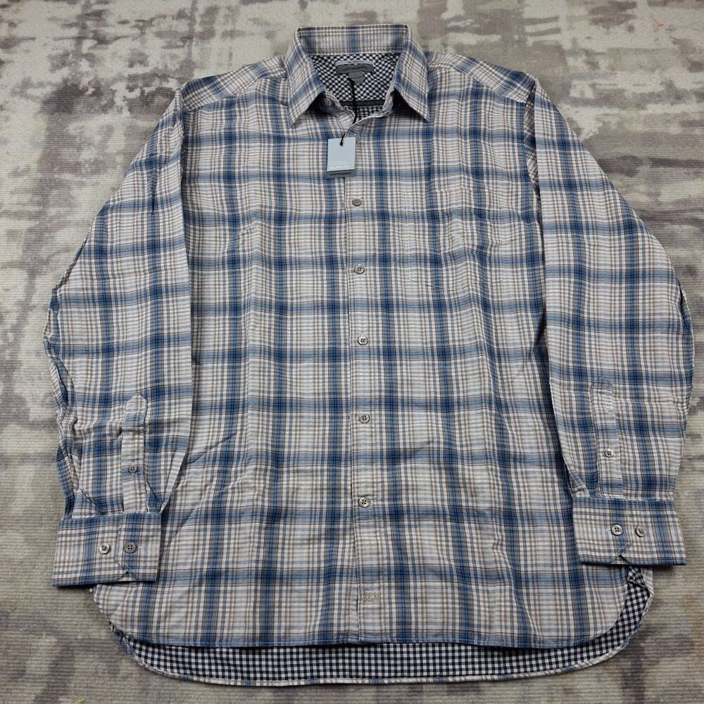 NWT Johnston & Murphy Tailored Fit Shirt L Men's Large Plaid Blue Tan Check New